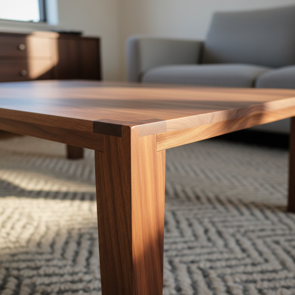 A close-up, photographic realism image of a custom walnut coffee table, showcasing the intricate joinery and rich grain. The camera is angled slightly low at the corner of the table, emphasizing a flawless dovetail joint and beveled edge. The table sits on a textured wool rug in a modern living room, with a blurred sofa and timber sideboard behind it. Late afternoon light from a nearby window casts warm highlights across the oiled surface, revealing subtle variations in color and texture. The shallow depth of field isolates the corner detail, creating an intimate, refined atmosphere that communicates careful craftsmanship, durability, and timeless design.