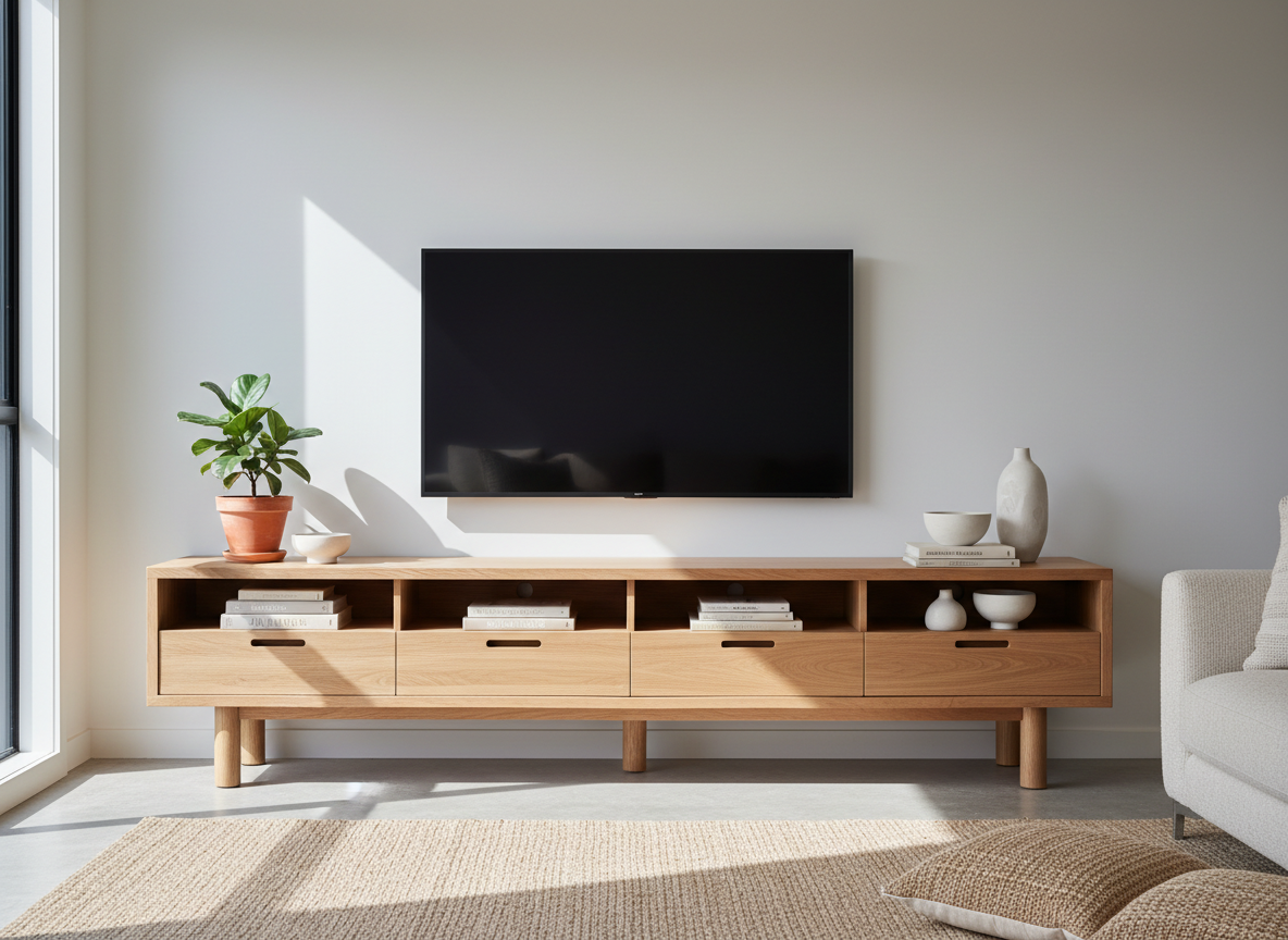 A bright, lifestyle scene of a handcrafted timber entertainment unit against a soft white wall in a curated living room. The unit combines warm ash wood panels with solid oak legs, featuring clean lines, recessed pulls, and seamless joinery. A large, black-framed TV rests above, with books, ceramics, and a small plant carefully styled on and around the piece. Natural daylight streams in from the left, casting soft shadows and highlighting the subtle satin sheen of the finish. Shot at eye level with balanced composition, the room feels organized, calm, and lived-in without clutter, emphasizing how custom timber furniture brings both character and practical storage to everyday spaces.