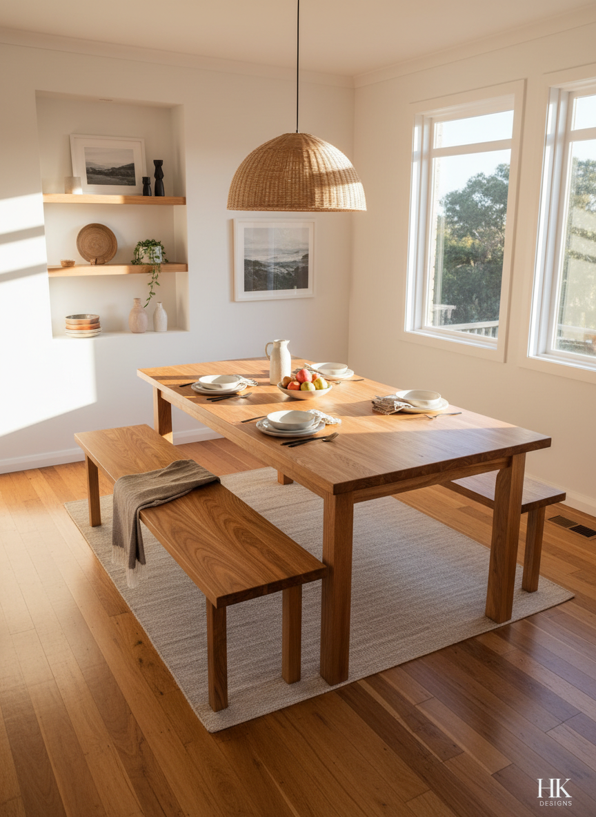 A cozy dining room lifestyle image featuring a handcrafted rectangular dining table and matching bench in warm Tasmanian oak. The set sits on wide-plank timber flooring, surrounded by white walls and a simple shelving nook with a few curated objects. A large, unlit pendant light hangs above, while golden hour sunlight streams in from tall windows to the right, sweeping across the tabletop and bench seat to reveal delicate grain patterns and a velvety, hand-rubbed finish. Shot from a slightly elevated angle with a wide lens, the composition shows enough of the room to feel lived-in yet uncluttered. The atmosphere is inviting and homely, demonstrating how HK Designs furniture anchors everyday family gatherings.